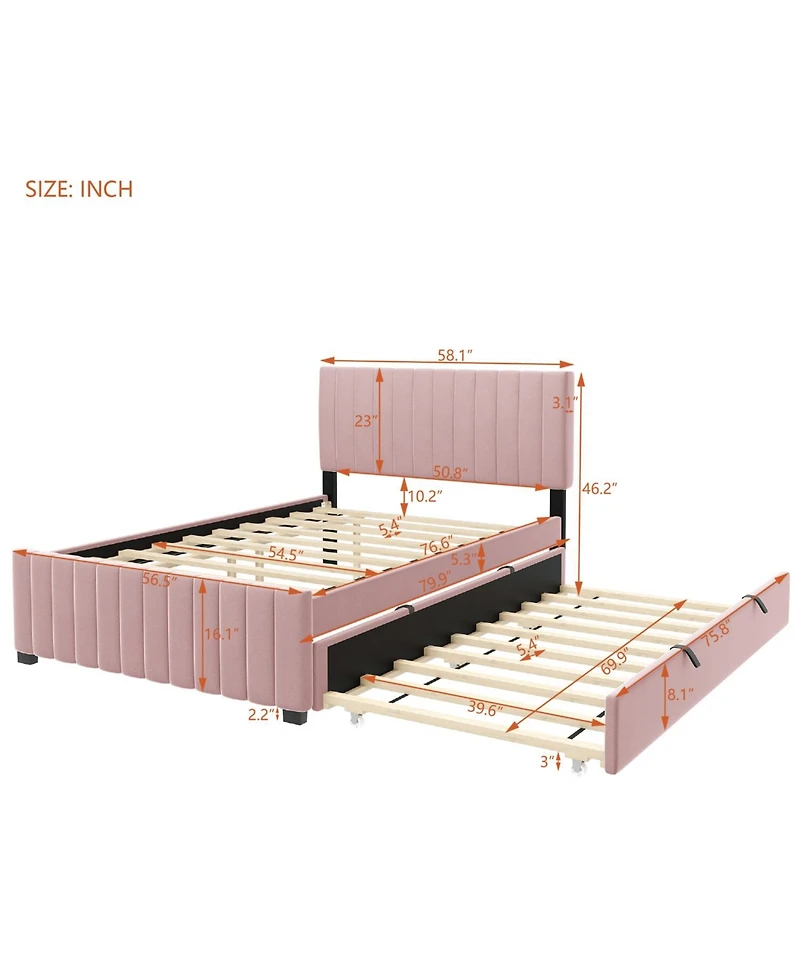 Streamdale Furniture Full Size Velvet Upholstered Platform Bed with Twin Size Trundle