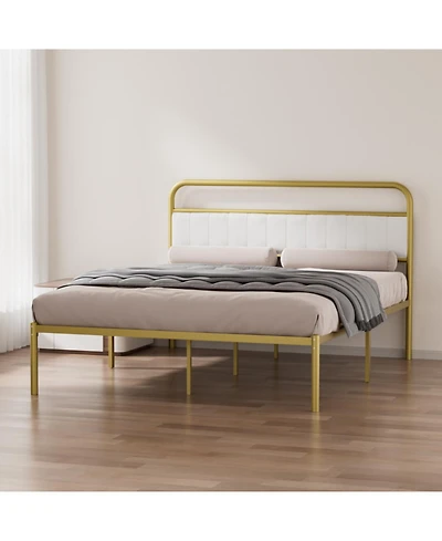 Streamdale Furniture Metal Steel Platform Bed Frame with Upholstered Headboard cushion (Queen Size) - Gold