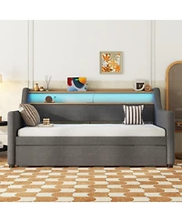 Streamdale Furniture Twin Size Daybed with Trundle Bed, Upholstered Daybed with Charging Station and Led Lights