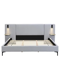 Streamdale Furniture Chic Linen Upholstered Bed with Integrated Lights and Shelves King
