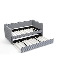 Streamdale Furniture Gingham Daybed with Trundle, Usb Port, Linen, Navy