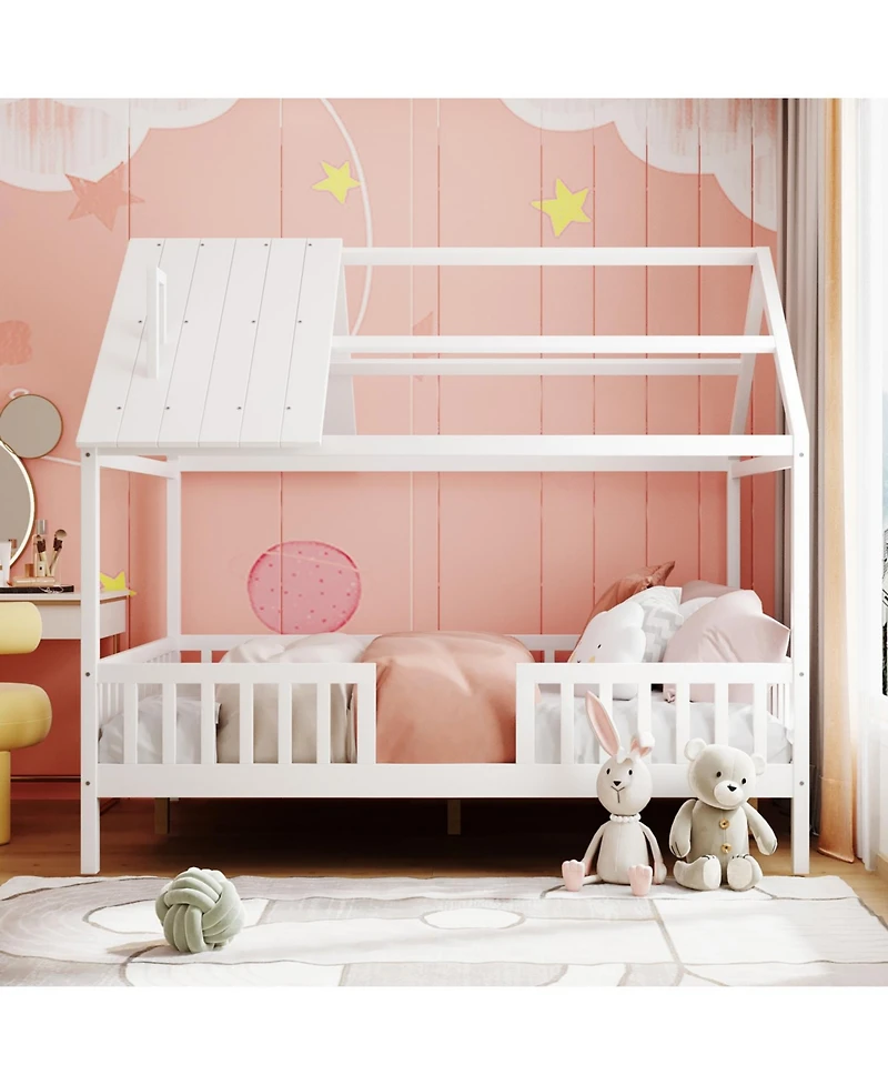 Streamdale Furniture Full Size Wood House Bed with Fence