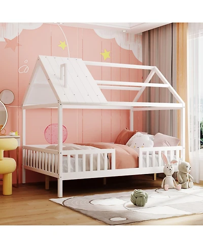 Streamdale Furniture Full Size Wood House Bed with Fence