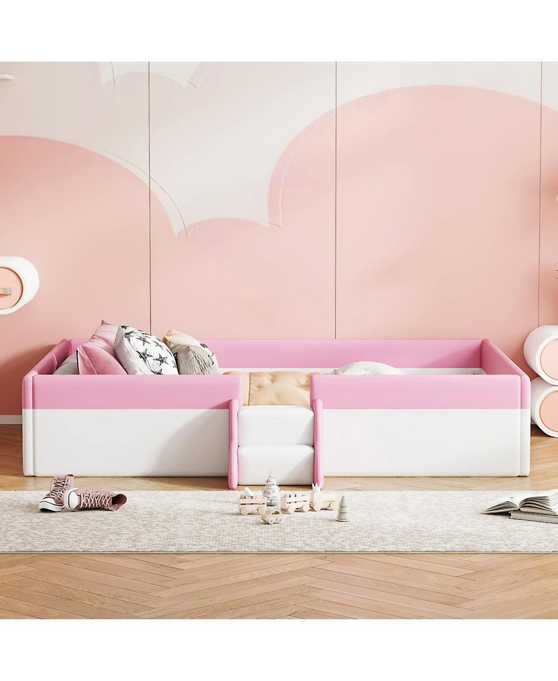 Streamdale Furniture Twin Size Upholstered Daybed Frame with Fence and Stairs, (Pink+White