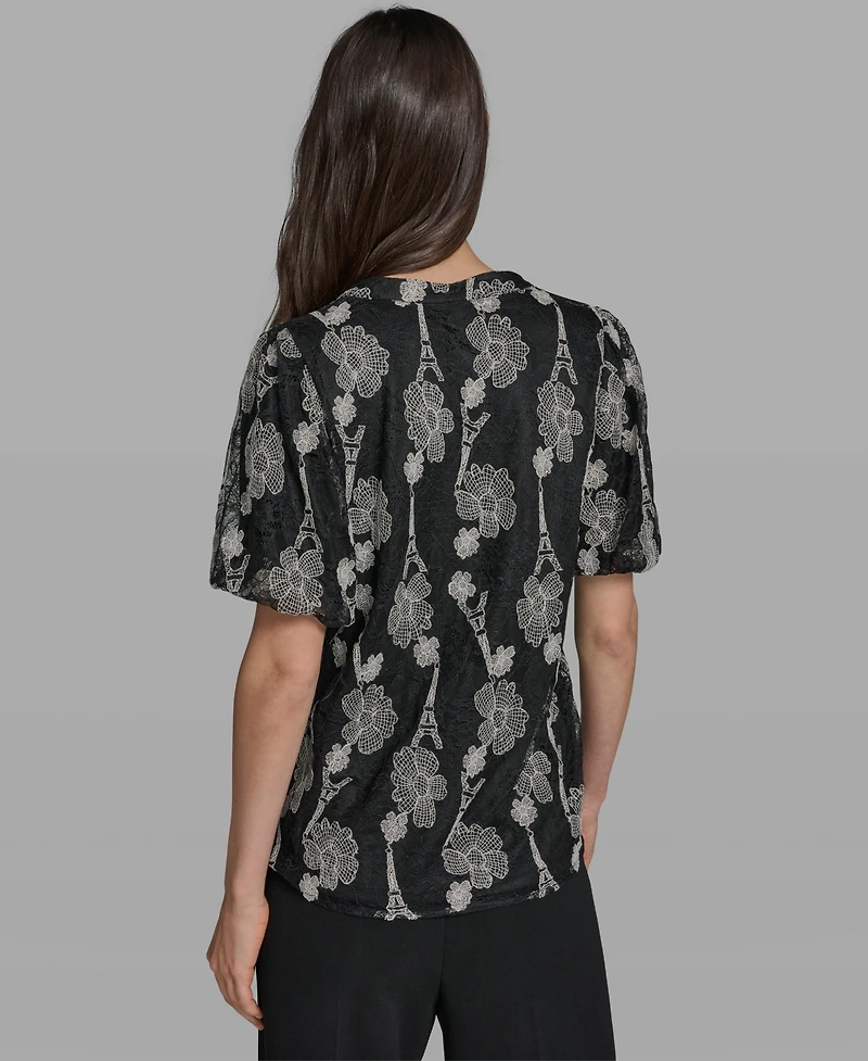 Karl Lagerfeld Paris Women's Popover Lace Short-Sleeve Top