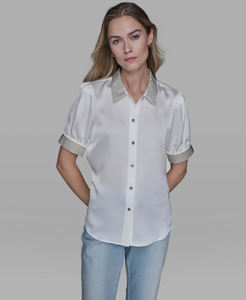 Karl Lagerfeld Paris Women's Beaded Short-Sleeve Top