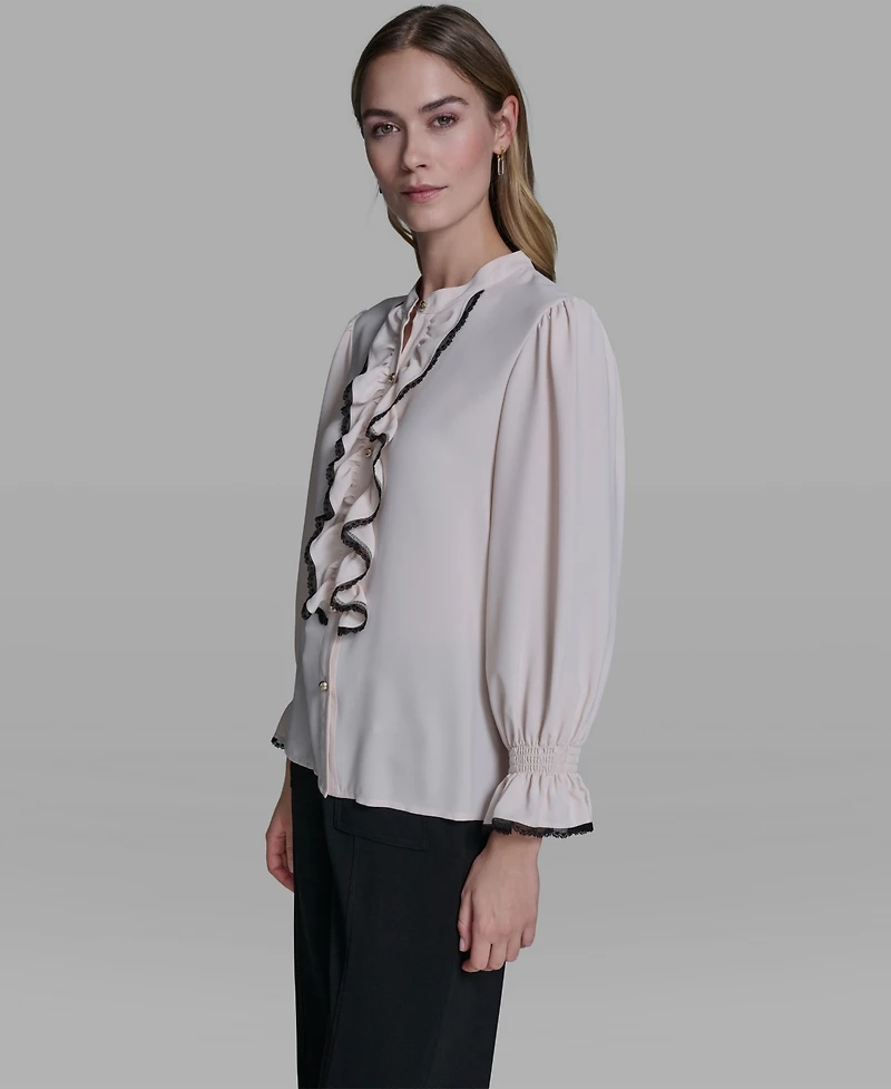 Karl Lagerfeld Paris Women's Ruffle Lace Trim Long-Sleeve Blouse