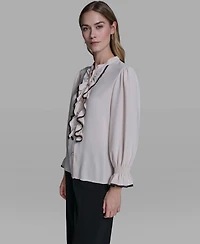 Karl Lagerfeld Paris Women's Ruffle Lace Trim Long-Sleeve Blouse