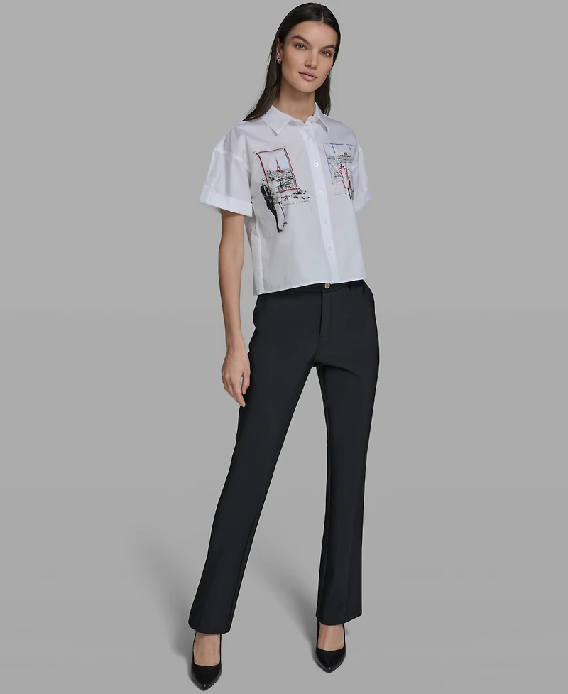 Karl Lagerfeld Paris Women's Cropped City Scene Collared Top