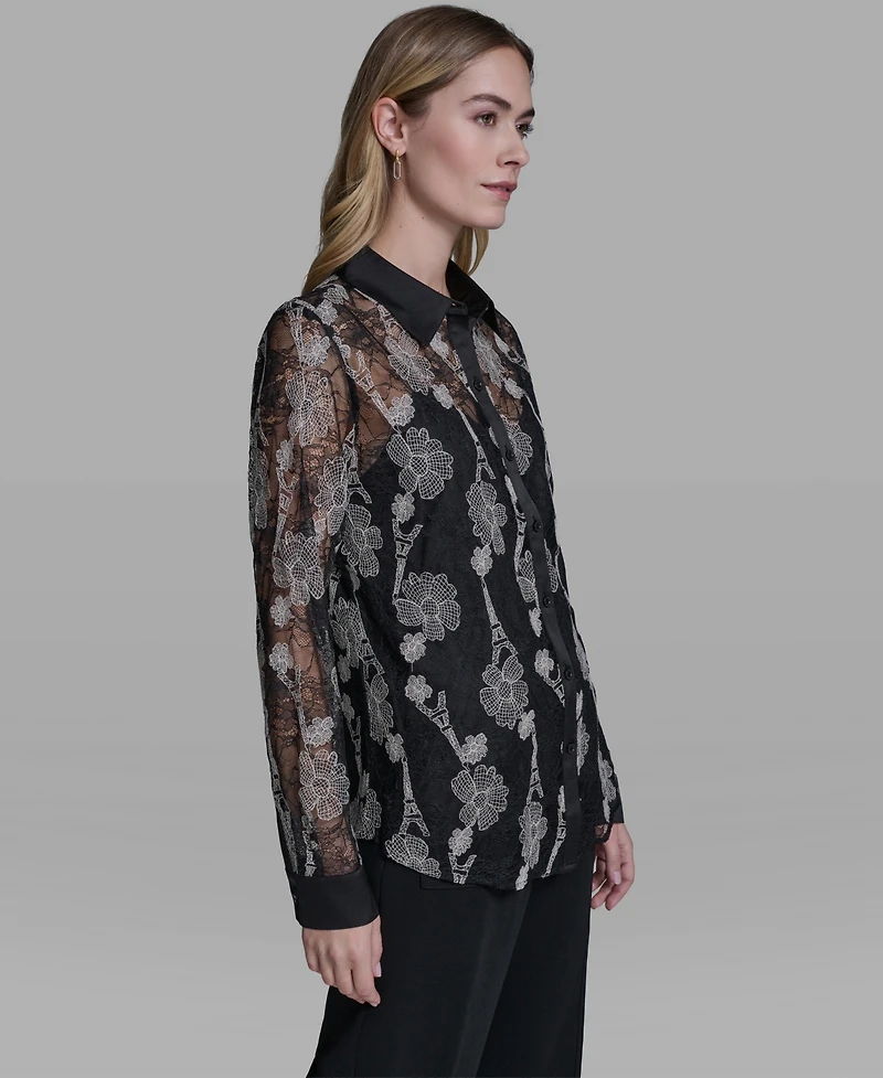 Karl Lagerfeld Paris Women's Lace Print Collared Top