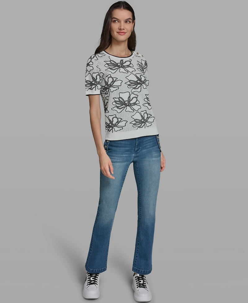 Karl Lagerfeld Paris Women's Flower Print Short-Sleeve Sweater