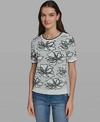 Karl Lagerfeld Paris Women's Flower Print Short-Sleeve Sweater