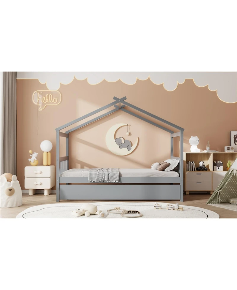 Streamdale Twin Wooden House Bed with Trundle, Gray