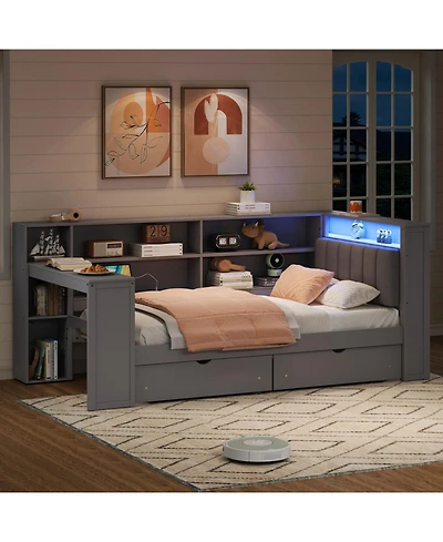 Streamdale Furniture Twin Platform Bed w/ Storage, Led, Desk, Charging, Upholstered Headboard