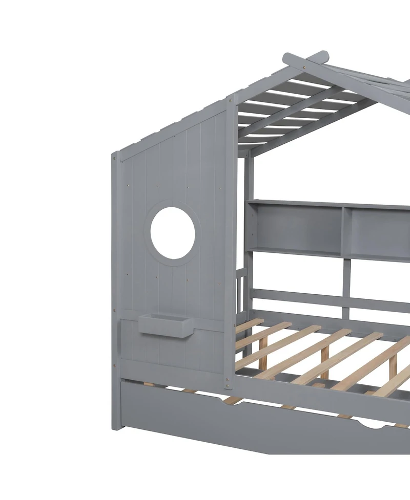 Streamdale Furniture Wooden Full Size House Bed with Trundle & Shelf