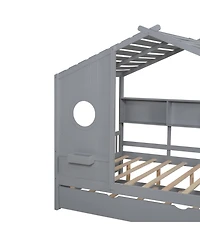 Streamdale Furniture Wooden Full Size House Bed with Trundle & Shelf