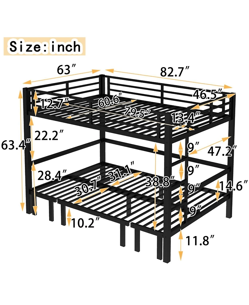 Streamdale Furniture Queen Over Queen Pull-Out Bunk Bed, Safety Rails, Black