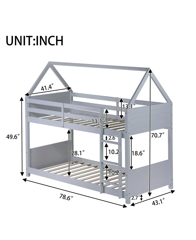 Streamdale Furniture Twin Over Twin Wood Guardrails House Bunk Bed