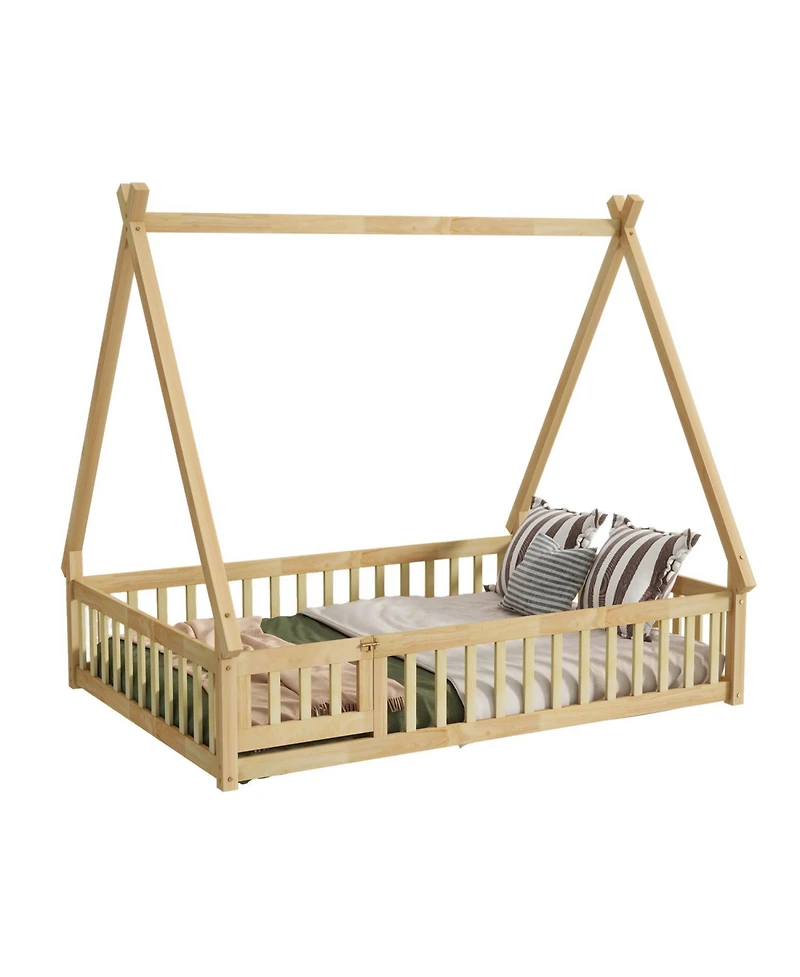 Streamdale Furniture Streamdale Rubber Wood Tent Floor Bed with Guardrails & Door