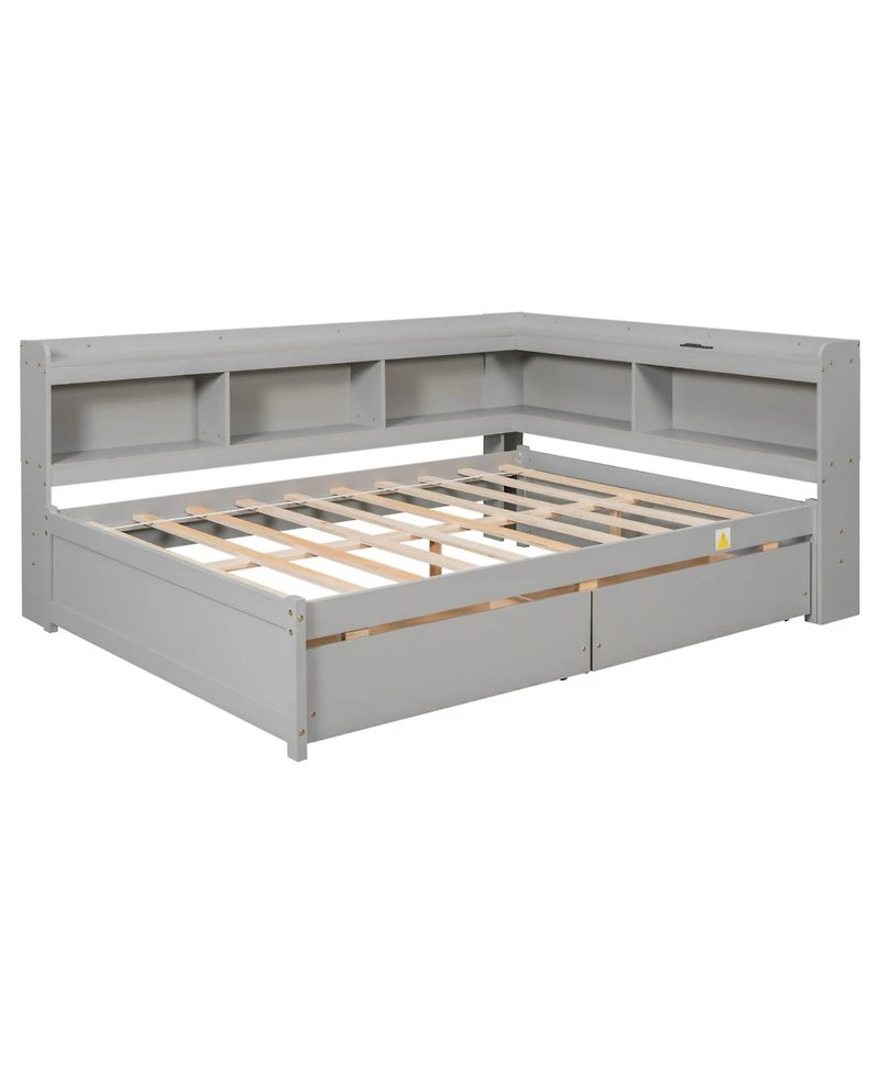 Streamdale Furniture L-Shaped Bookcase Bed with Power Outlets, Usb & Drawers - Grey