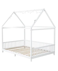 Streamdale Wood Full Size House Bed with Guardrail and Led, White