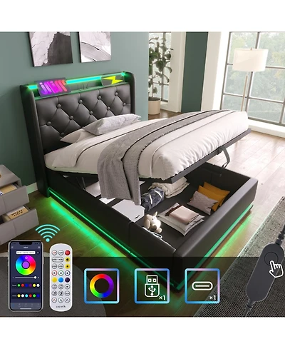 Streamdale Furniture Twin-Size Upholstered Led Bed with Hydraulic Storage