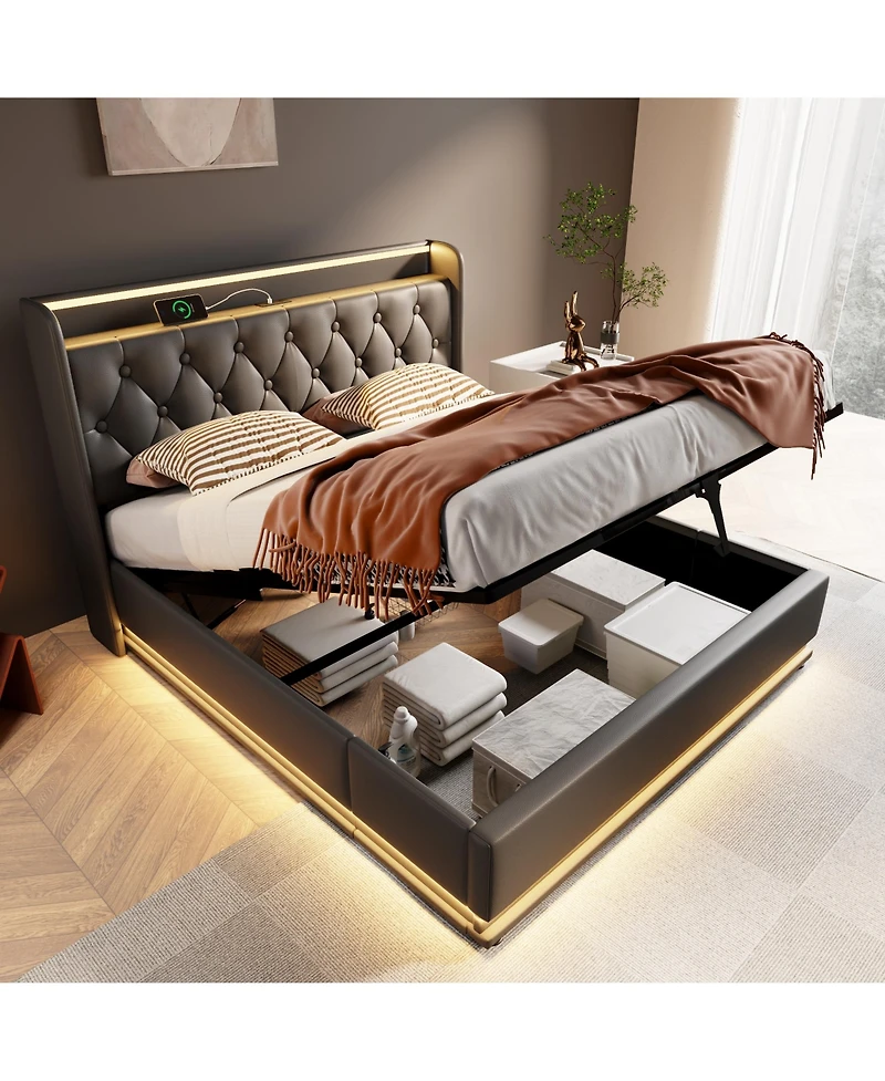Streamdale Furniture Modern Upholstered Bed with 360 Led, Storage, and Usb-c Charging