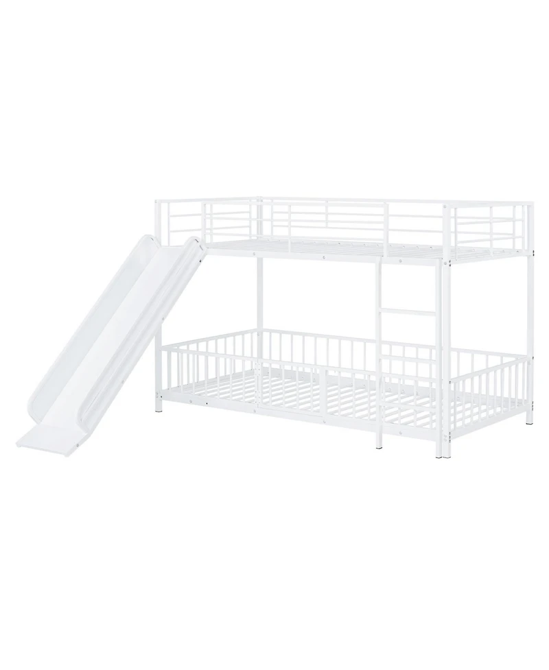 Simplie Fun Twin over Twin Size Metal Bunk Bed with Slide and Guardrails, Black