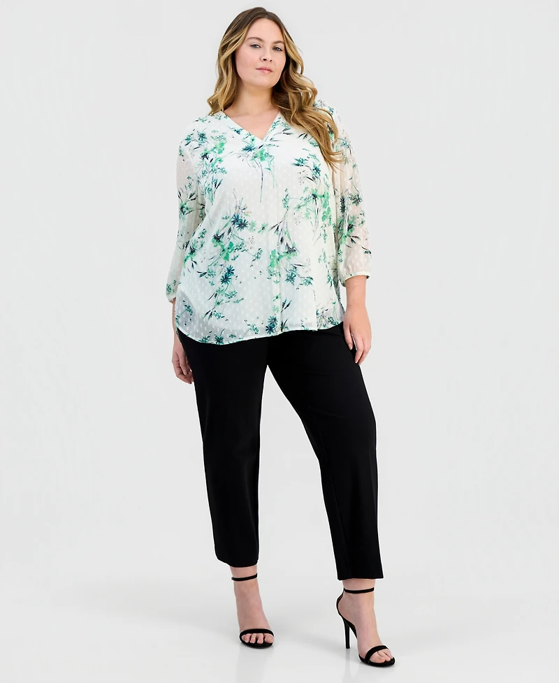 Jones New York Plus Printed Swiss Dot Blouson-Sleeve Blouse