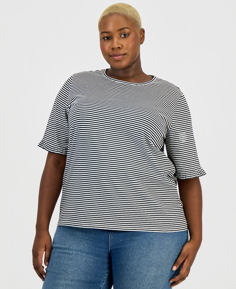 Jones New York Plus Striped Ruffle-Sleeve Tee