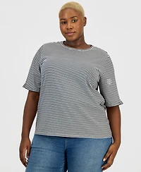 Jones New York Plus Striped Ruffle-Sleeve Tee