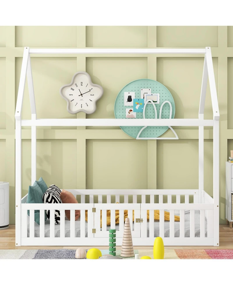 Streamdale Furniture Full Size Wood House Bed with Fence and Door