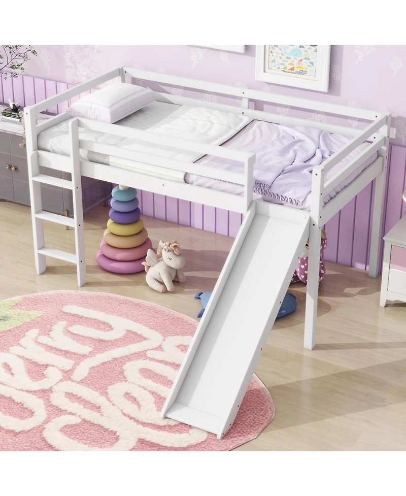 Streamdale Furniture Twin Low Loft Bed with Slide, Ladder, Safety Guardrails, Rubber Wood Twin Loft Bed,White