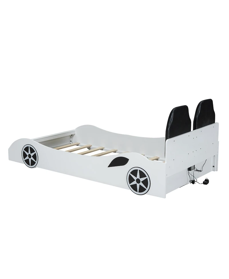 Streamdale Furniture Wood Twin Size Race Car-Shaped Platform Bed with Led and Upholstered Backrest