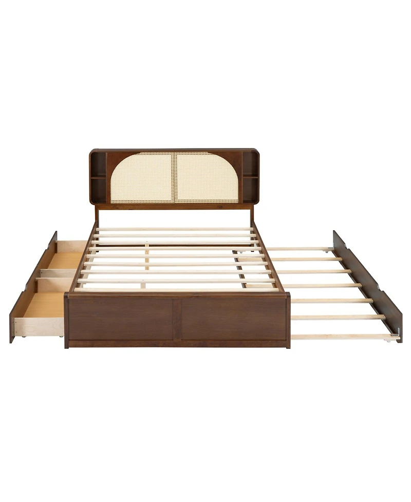 Streamdale Furniture Queen Size Rattan Headboard Bed with Two Drawers and Trundle