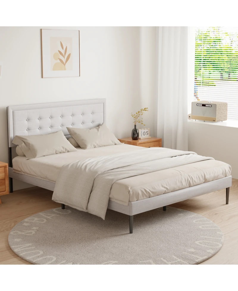 Streamdale Furniture Streamdale Iron Platform Bed Frame with Wooden slats support & Upholstered Headboard (Queen Size)