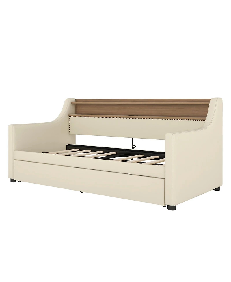 Streamdale Furniture Twin Size Daybed with Trundle, Upholstered Daybed with Charging Station and Led Lights