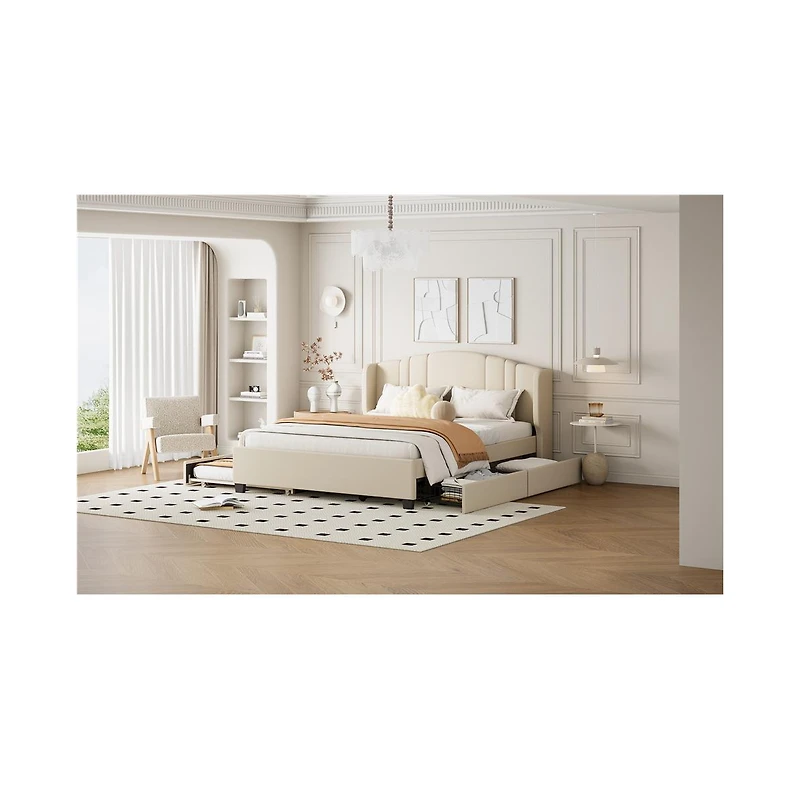 Streamdale Furniture + Queen Upholstered Wingback Headboard, Trundle, Drawers Platform Bed