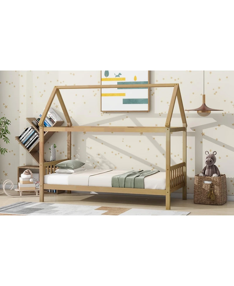 Streamdale Furniture Twin House Bed with Headboard and Footboard, Twin Rubber Wood Bed with House Frame,White Oak