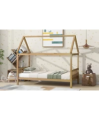 Streamdale Furniture Twin House Bed with Headboard and Footboard, Twin Rubber Wood Bed with House Frame,White Oak