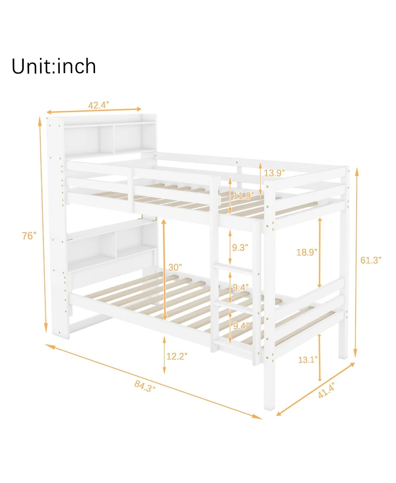 Streamdale Furniture Twin Over Twin Bunk Bed with Shelves and Guardrails, Convertible to 2 Beds