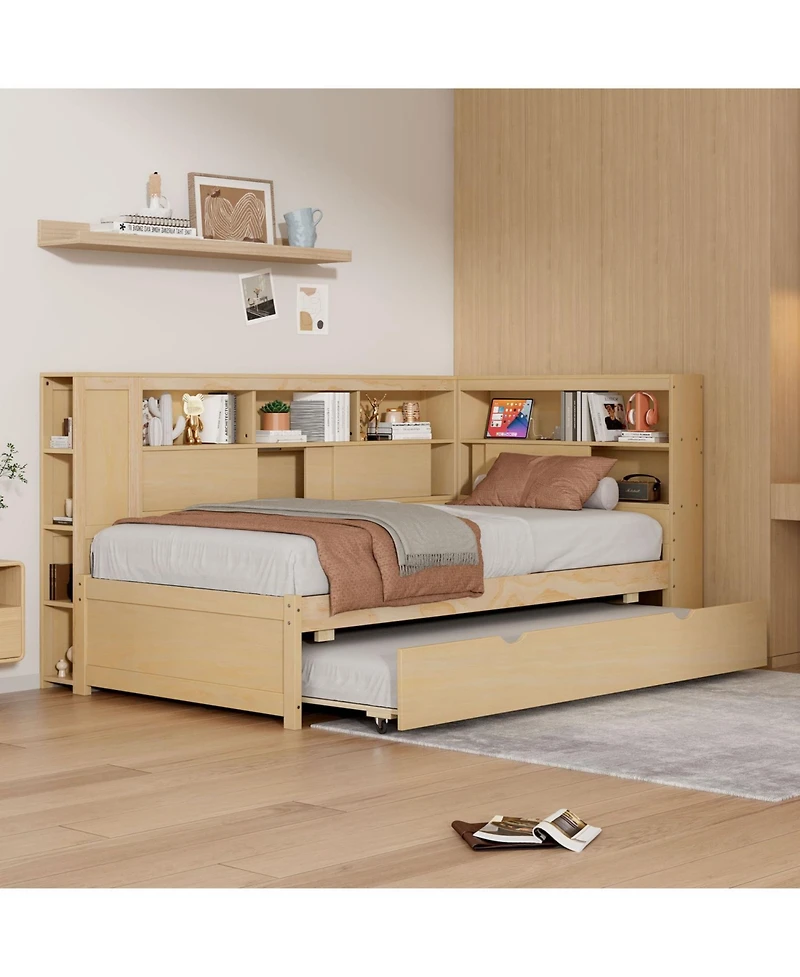Streamdale Furniture Twin Wood Daybed with Storage Shelves, Usb and Trundle