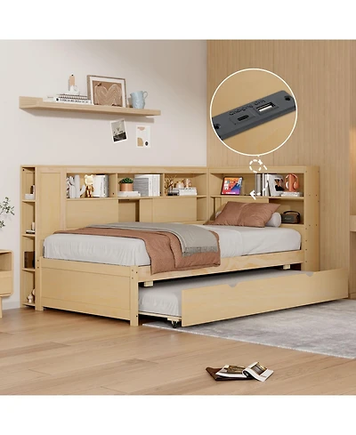 Streamdale Furniture Twin Wood Daybed with Storage Shelves, Usb and Trundle