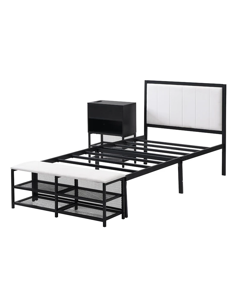 Streamdale Furniture Twin size Metal Platform Bed with Two-Tier Storage Shelves, Wooden Storage Cabinet