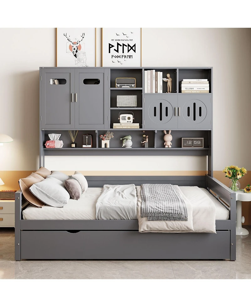 Streamdale Furniture Full Size Wooden Daybed with Twin Size Trundle, and All-in-One Cabinet and Shelf.