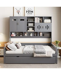 Streamdale Furniture Full Size Wooden Daybed with Twin Size Trundle, and All-in-One Cabinet and Shelf.