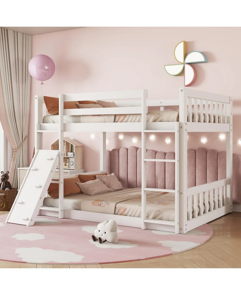 Streamdale Furniture Twin Over Twin Floor Bunk Bed, Playhouse Floor Bunk Bed with Climbing Ramp, Ladder, Safety Guardrails,White