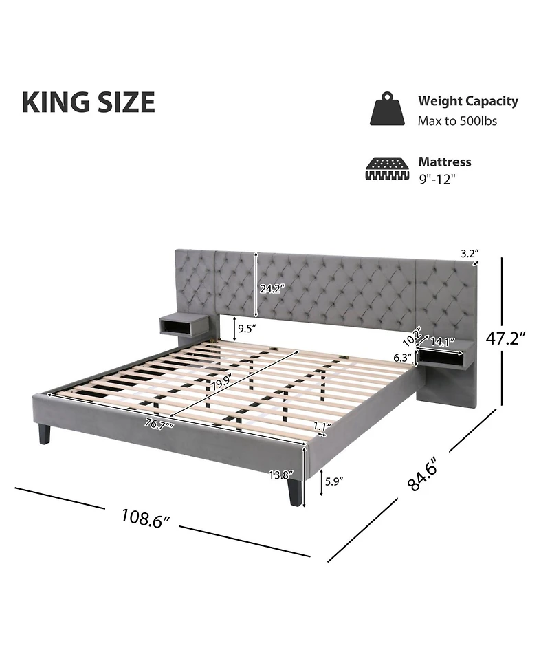 Streamdale Furniture Streamdale Grey Velvet Platform Bed with Headboard, 2 Nightstands & Diamond Tufting