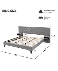 Streamdale Furniture Streamdale Grey Velvet Platform Bed with Headboard, 2 Nightstands & Diamond Tufting