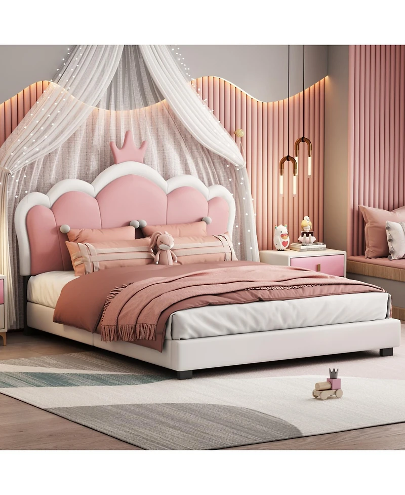 Streamdale Furniture Full Upholstered Princess Bed with Crown Headboard,Full Platform Headboard and Footboard